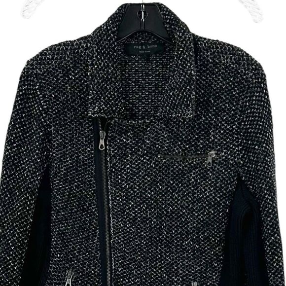 Rag & Bone Black Tweed Knit Asymmetrical Zip Up Jacket Size L - Picture 2 of 16